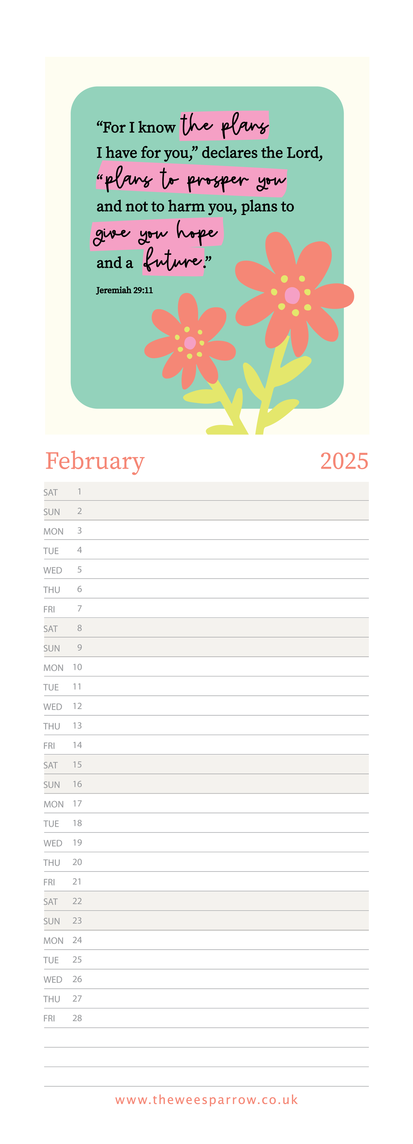 The Wee Sparrow 2025 Calendar (A3 slimline)