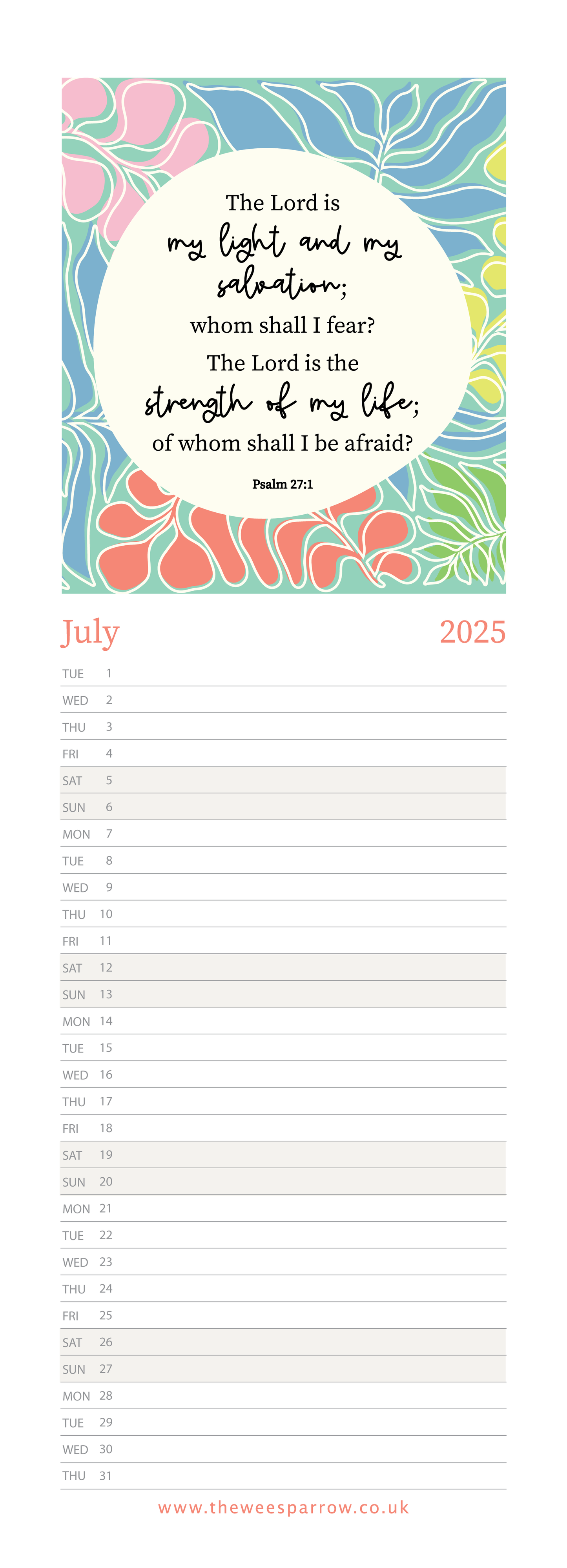 The Wee Sparrow 2025 Calendar (A3 slimline)