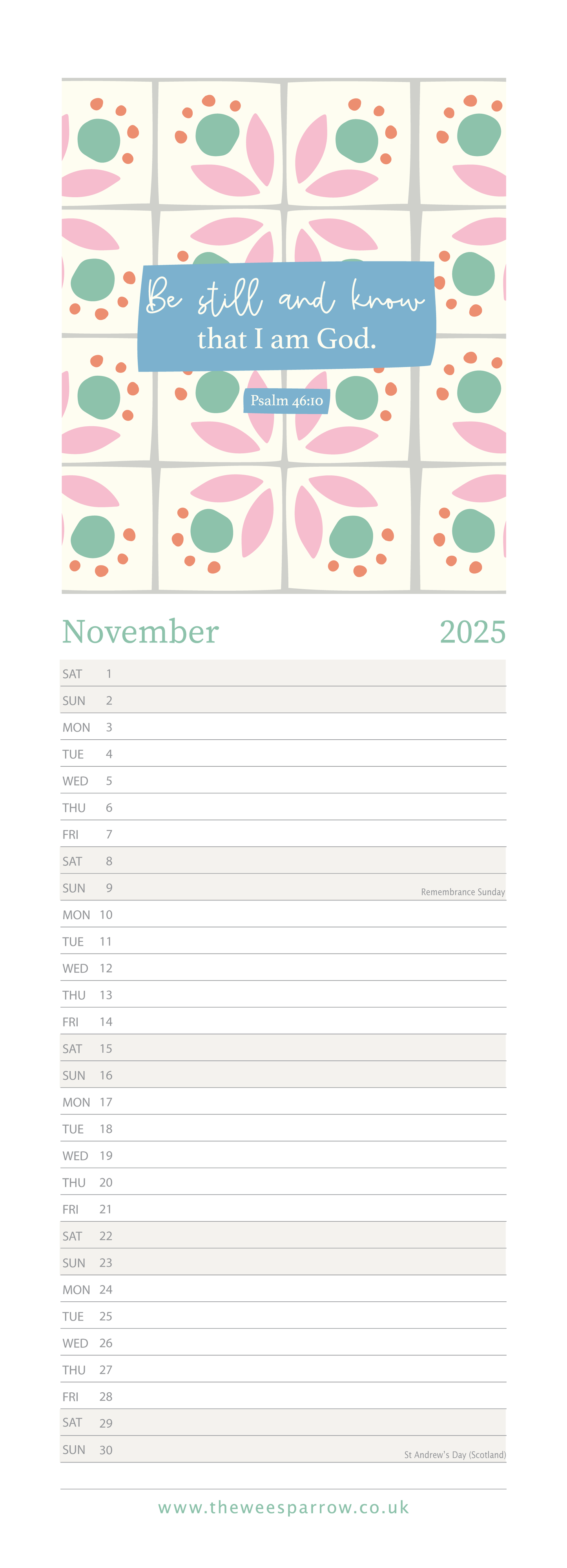 The Wee Sparrow 2025 Calendar (A3 slimline)
